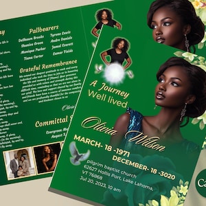 Green & Gold Funeral Program Template: Editable Bi-Fold Obituary (Canva, 11x8.5) (Digital Download)