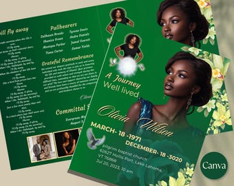 Green & Gold Funeral Program Template: Editable Bi-Fold Obituary (Canva, 11x8.5) (Digital Download)