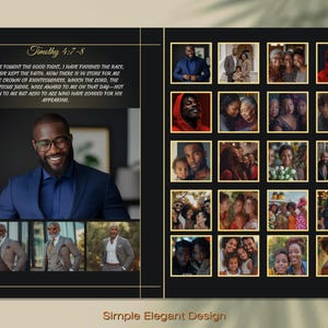May include: A black and gold framed collage featuring a quote from Timothy 4:7-8. The quote reads "I have fought the good fight, I have finished the race, I have kept the faith. Now there is in store for me the crown of righteousness, which the Lord, the righteous Judge, will award to me on that day&mdash;not only to me but also to all who have longed for his appearing." The collage features a grid of 20 photos of people of colour, mostly in groups of two or three.