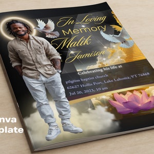 BLACK and GOLD FUNERAL template 16 pages  8.5&quot;x11: Man /Memorial Program/ Magazine cover, Celebration of Life/ Keepsake-Template/Program,