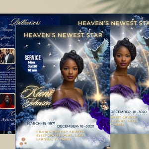 May include: A blue and white funeral announcement with a photo of a woman in a purple dress. The text reads "Heaven's Newest Star" and includes the dates March 18, 1971 and December 18, 2020. The announcement also includes the name "Kioni Johnson" and the location of the service, Pilgrim Baptist Church, 62627 Hollis Port, Lake Lahona, VT 76668.