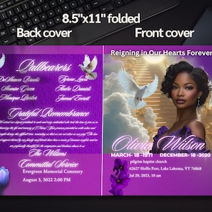 Elegant Purple Obituary Program: 8-Page Memorial Template (Canva Editable)