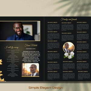 May include: A black and gold funeral programme featuring a photograph of a man in a suit and tie. The programme includes a poem titled "I will fly away" and a section for family and friends.