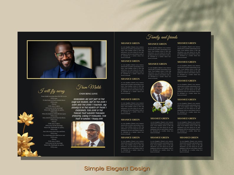 May include: A black and gold funeral programme featuring a photograph of a man in a suit and tie. The programme includes a poem titled "I will fly away" and a section for family and friends.