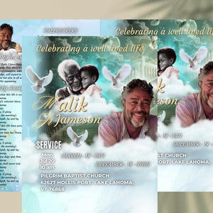 May include: A blue and white funeral program with a photo of Malik Jr. Jameson. The program includes the text "Celebrating a well lived life" and details about the service, including the date, time, and location. The program also includes a poem titled "I'll Fly Away".