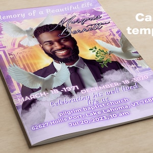 May include: A purple and white memorial booklet with a photo of a man and doves. The text reads "In Memory of a Beautiful Life" and "Marquis Bennett". The dates "MARCH-18-1971 DECEMBER-18-3020" are also included. The text "Celebrating his well lived life at pilgrim baptist church 62627 Hollis Port, Lake Lahoma, VT 76868 Jul 20, 2023, 10 am" is printed at the bottom.