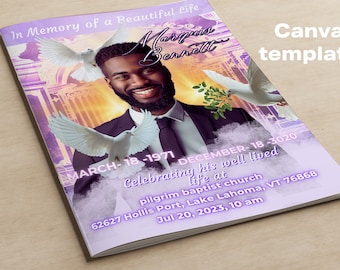 Programma FUNERALE 8 pagine UOMO VIOLA cielo 8,5"x11: personalizzato/modello necrologio/copertina rivista, celebrazione della vita - ricordo - Canva