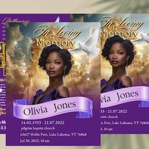 Purple Heaven Funeral Program Template: Women&#39;s Obituary (Canva Editable)