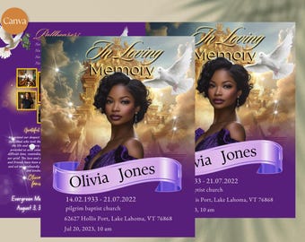 4 pages 17&quot;X11&quot; BIFOLD FUNERAL PROGRAM, Purple heaven obituary, Memorial service,  women Obituary, Editable Canva Template, Keepsake