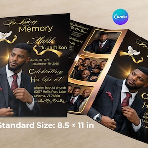 Peut inclure: Carte commémorative noire et dorée avec un portrait d'homme en costume. Le texte "In Loving Memory" et le nom "Malik Jr. Jamison" sont présents. Dimensions : 21,59 x 27,94 cm.
