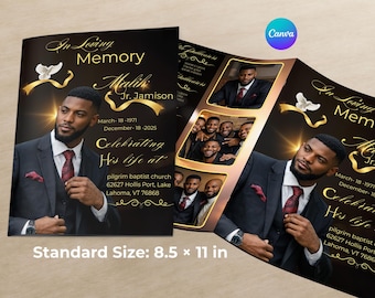Funeral Program Template for Man, Black & Gold Memorial Program, Editable in Canva 8.5x11