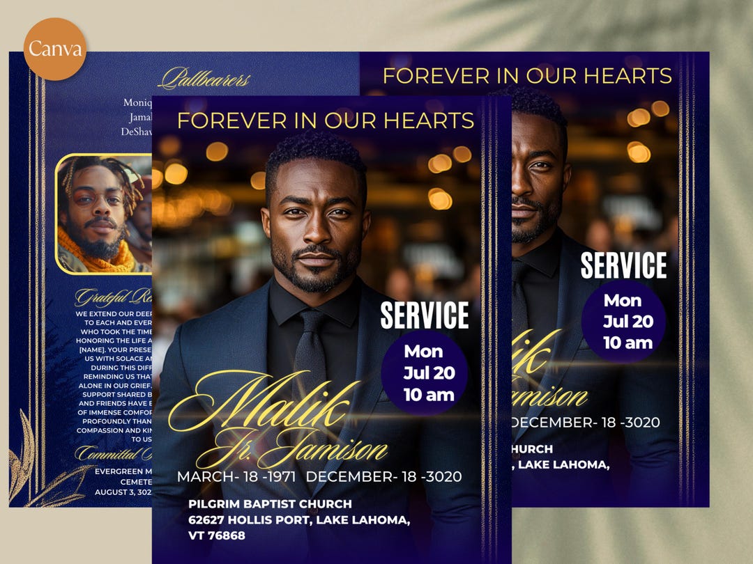 Navy Blue Funeral Program Template Men's Obituary, Life Celebration