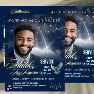 May include: A blue and gold funeral announcement for Malik Jr. Jamison. The announcement includes a photo of Malik, the dates March 18, 1971 - December 18, 2020, and service details for Monday, July 20 at 10 am at Pilgrim Baptist Church.