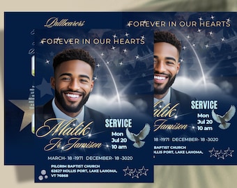 8.5"x11"Navy BLUE, GOLD  &  Silver Memorial Program |Sparkling Football-Themed Funeral Program | Life Celebration| Canva Template, 8 pages