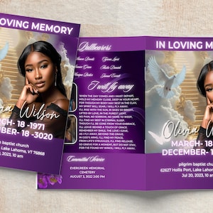 PURPLE heaven OBITUARY  8 pages 8.5&quot;x11 : Bifold/Memorial Program/ Magazine ,Celebration of Life/ Keepsake-Template/funeral Program