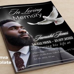 Black Funeral Program Template: 8.5&quot;x11&quot; Obituary, Celebration of Life (Canva)