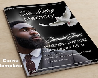 Programma FUNERALE 8,5"x11 4 pagine NERO bifold: UOMO personalizzato / Modello necrologio / Copertina rivista - Celebrazione della vita - Modello ricordo