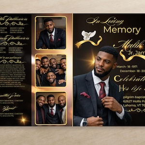 Peut inclure: Une carte comm&eacute;morative avec un design noir et or. Elle pr&eacute;sente des photos d'un homme en costume, une colombe et le texte "In Loving Memory Malik Jr. Jamison". La carte comm&eacute;more sa vie.
