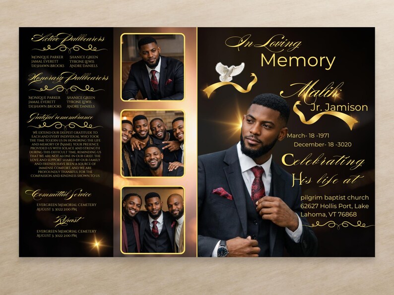 Peut inclure: Une carte comm&eacute;morative avec un design noir et or. Elle pr&eacute;sente des photos d'un homme en costume, une colombe et le texte "In Loving Memory Malik Jr. Jamison". La carte comm&eacute;more sa vie.