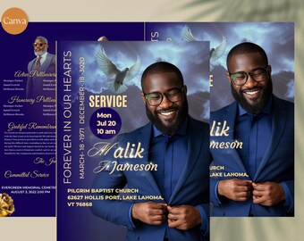 Blue Sky Funeral Program Template: 8-Page Memorial Obituary (Canva Template 8.5"x11")