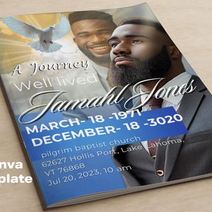 8.5&quot;x11&quot; BOOKLET Memorial Program (8 pages) | Blue Sky Funeral Program | Celebration of Life | Keepsake | Digital Download | Canva Template