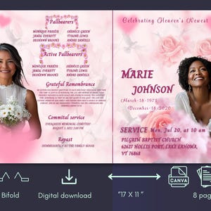 Modello di programma funebre con fiori rosa tenui / Necrologio modificabile di 8 pagine per le donne / Opuscolo Canva Celebration of Life / "8,5 X 11"