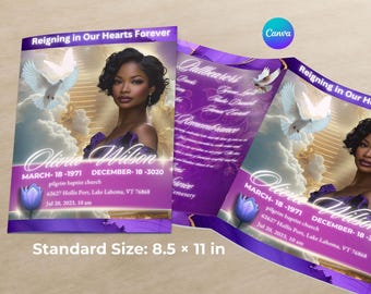 Modèle de programme de funérailles Purple Heaven Programme de nécrologie modifiable Canva Memorial 8,5 x 11