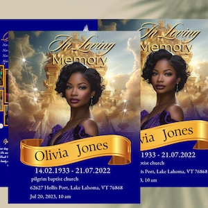 Modello di necrologio BLU NAVY, ORO e ARANCIONE 4 pagine 8,5x11: Paradiso delle donne/Programma commemorativo/Copertina della rivista/Modello/Programma funebre,