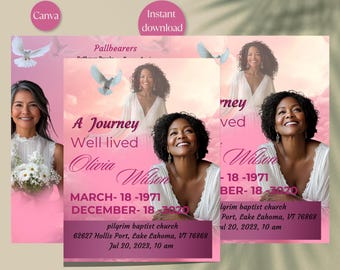 Pink Sky Funeral Program Template: 8-Page Obituary (Canva Editable, Digital Download)