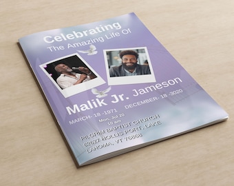 Purple Heaven Gate Funeral Program Template: 4-Page Memorial (Canva Editable, Digital Download)