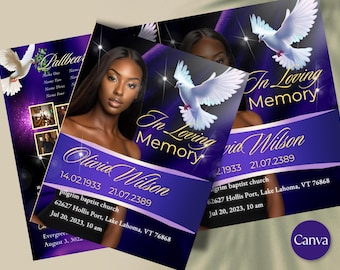 Purple & Gold Obituary Template: Women's Funeral Program, Celebration of Life (Canva Template, 8.5"x11")