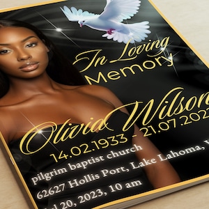 Programma FUNERALE 8 pagine DONNA Oro e NERO 8,5"x11: modello personalizzato/necrologio/copertina di rivista, celebrazione della vita - modello Canva