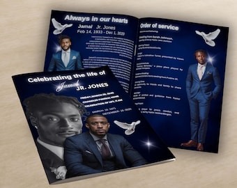 Navy Blue Funeral Program Template: 8-Page Canva Obituary (Digital Download 8.5" x 11")