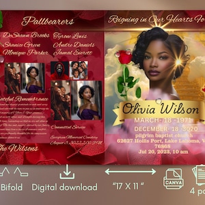 Red Obituary Template Woman: Memorial Program, Celebration of Life (Digital Download)
