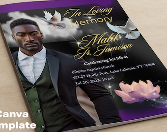 Elegant Purple Funeral Program Canva Template: Black, Gold, Clouds (4 Pages)