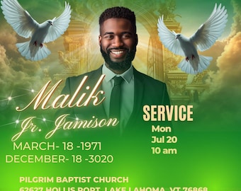 Green & Gold Funeral Invitation Template: Bokeh Memorial Announcement (DIY Canva)