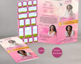 Pink Heavenly Sky Funeral Program: Trifold Memorial Template (Canva Digital Download)