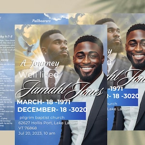 Blue Sky Funeral Program Template: Memorial Keepsake (Canva Template)