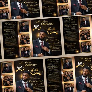 Peut inclure: Plusieurs cartes comm&eacute;moratives avec un design noir et or. Chaque carte pr&eacute;sente un portrait d'un homme en costume, ainsi que le texte "In Loving Memory Malik Jr. Jamison" et les dates du 18 mars au 18 d&eacute;cembre 2020.