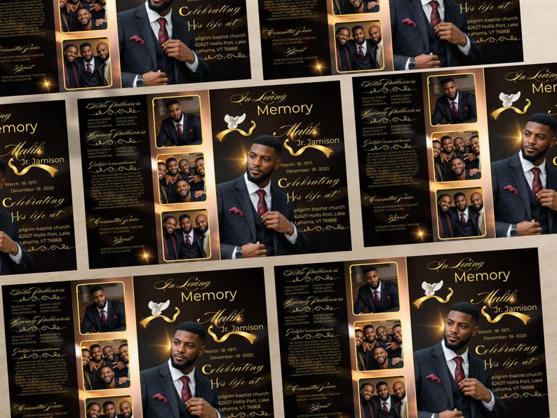 Peut inclure: Plusieurs cartes comm&eacute;moratives avec un design noir et or. Chaque carte pr&eacute;sente un portrait d'un homme en costume, ainsi que le texte "In Loving Memory Malik Jr. Jamison" et les dates du 18 mars au 18 d&eacute;cembre 2020.