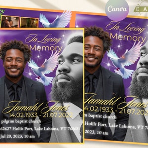 May include: A purple and gold funeral announcement featuring a photograph of a man and doves. The text reads "In Loving Memory" and "Jamahl Jones 14.02.1933 - 21.07.2022" and includes the location and time of the funeral service.