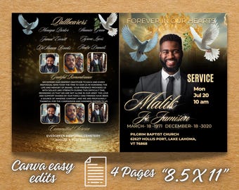 BLACK and GOLD OBITUARY template 4 pages 8.5&quot;x11 : Man /Memorial Program/ Magazine cover, Celebration of Life/ -Template/funeral Program,