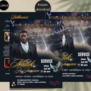 Può includere: Un annuncio funebre nero e dorato per Malik Jr. Jamison. L'annuncio include le date dal 18 marzo 1971 al 18 dicembre 2020, e i dettagli del servizio: Chiesa Battista Pilgrim, 62627 Hollis Port, Lake Lahoma, VT 76868, lunedì 20 luglio alle 10:00. L'annuncio include anche la frase "Per sempre nei nostri cuori".