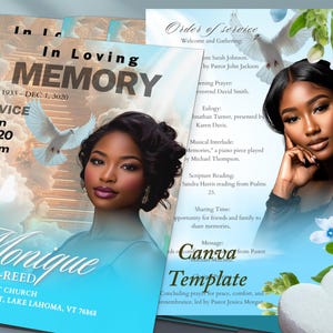 Blue Heaven Funeral Program: 8-Page Bi-Fold Obituary (Canva Digital Download)