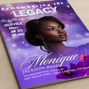 Purple Floral Obituary Program Template: 8-Page Bifold (Canva Editable)