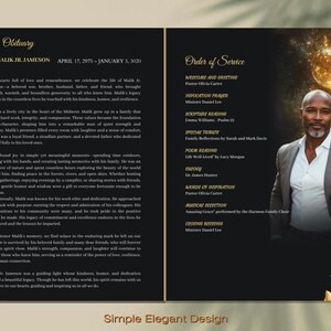May include: A black and gold funeral order of service with a photograph of a man in a grey suit. The order of service includes details of the service, a tribute to the deceased, and a poem reading. The text reads "Simple Elegant Design".