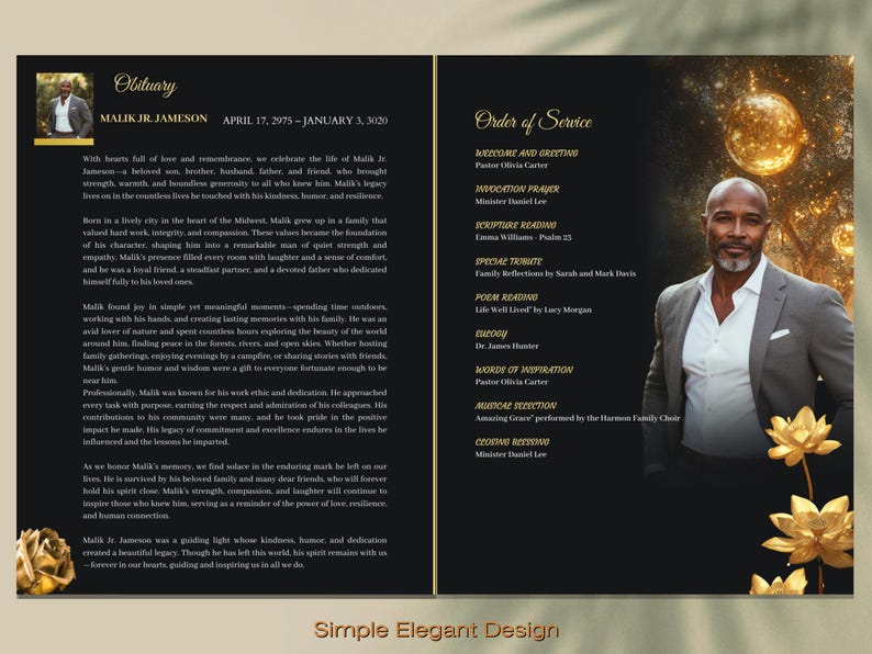 May include: A black and gold funeral order of service with a photograph of a man in a grey suit. The order of service includes details of the service, a tribute to the deceased, and a poem reading. The text reads "Simple Elegant Design".