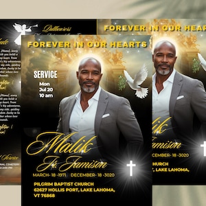 以下が含まれることがあります： グレーのスーツを着た男性の写真、テキスト「Forever in Our Hearts」、および「Malik Jr. Jamison」という名前が特徴の追悼サービスのお知らせ。 サービスの詳細、日付、教会の住所が含まれています。