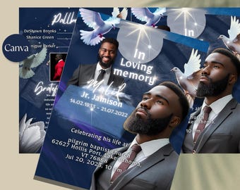 Sky Blue & Silver Obituary Template for Men: Funeral Program (Canva, 8.5x11, 8 Pages)