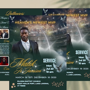 May include: A green and white memorial service announcement for Malik Jamison. The announcement includes a photo of Malik, the date and time of the service, and the location of the church. The text "Heaven's Newest MVP" is displayed at the top of the announcement.